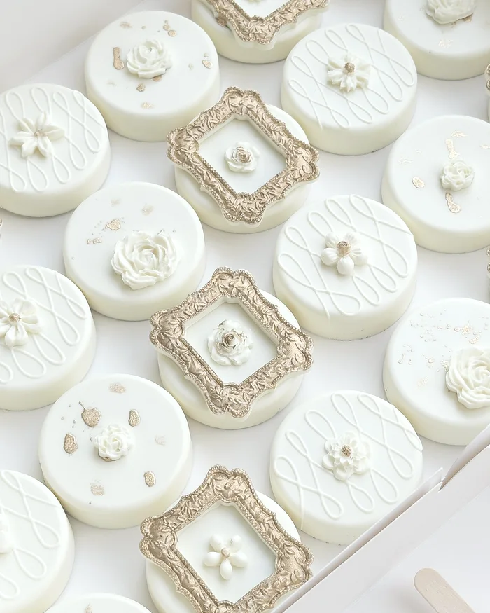 Ivory covered Oreos with gold baroque frames, piped roses and daisies, and gold leaf splatter.